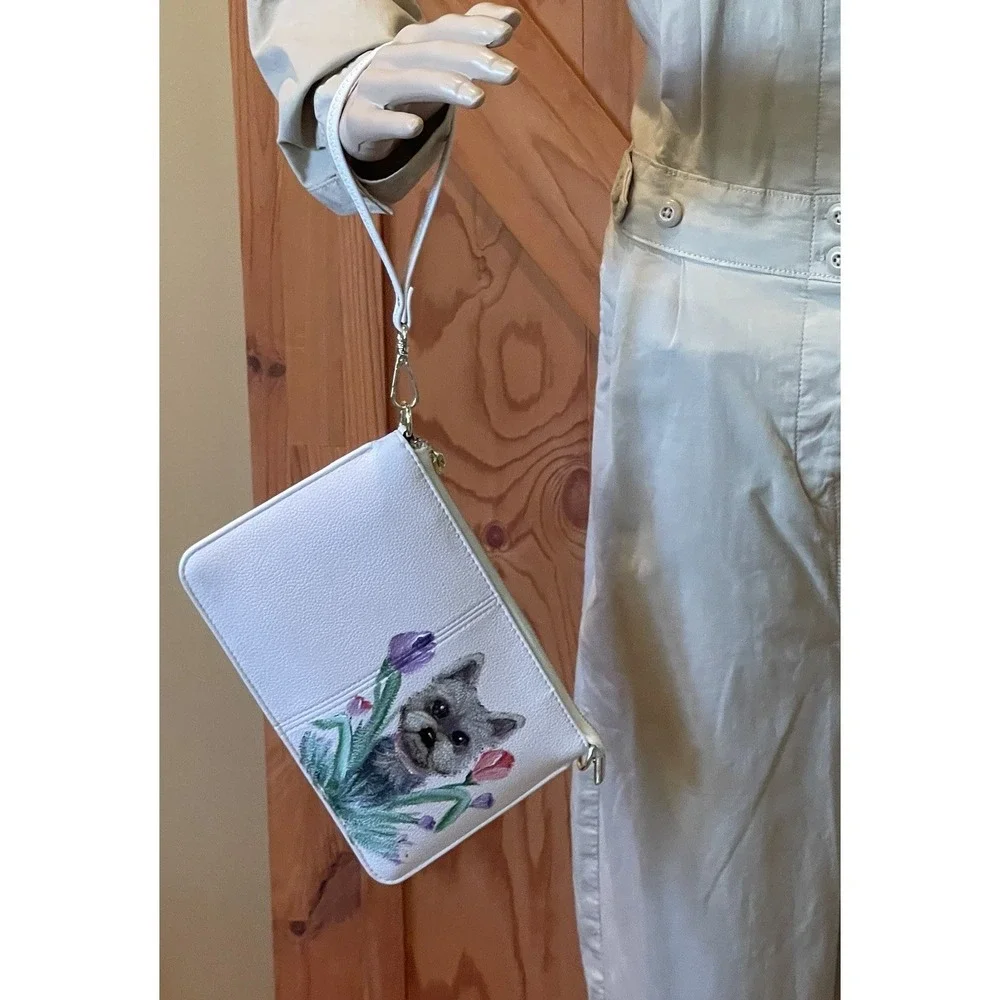 Hand Painted Yorkie Wristlet‎ Crossbody Bag Floral Off White Dog Zip Wallet